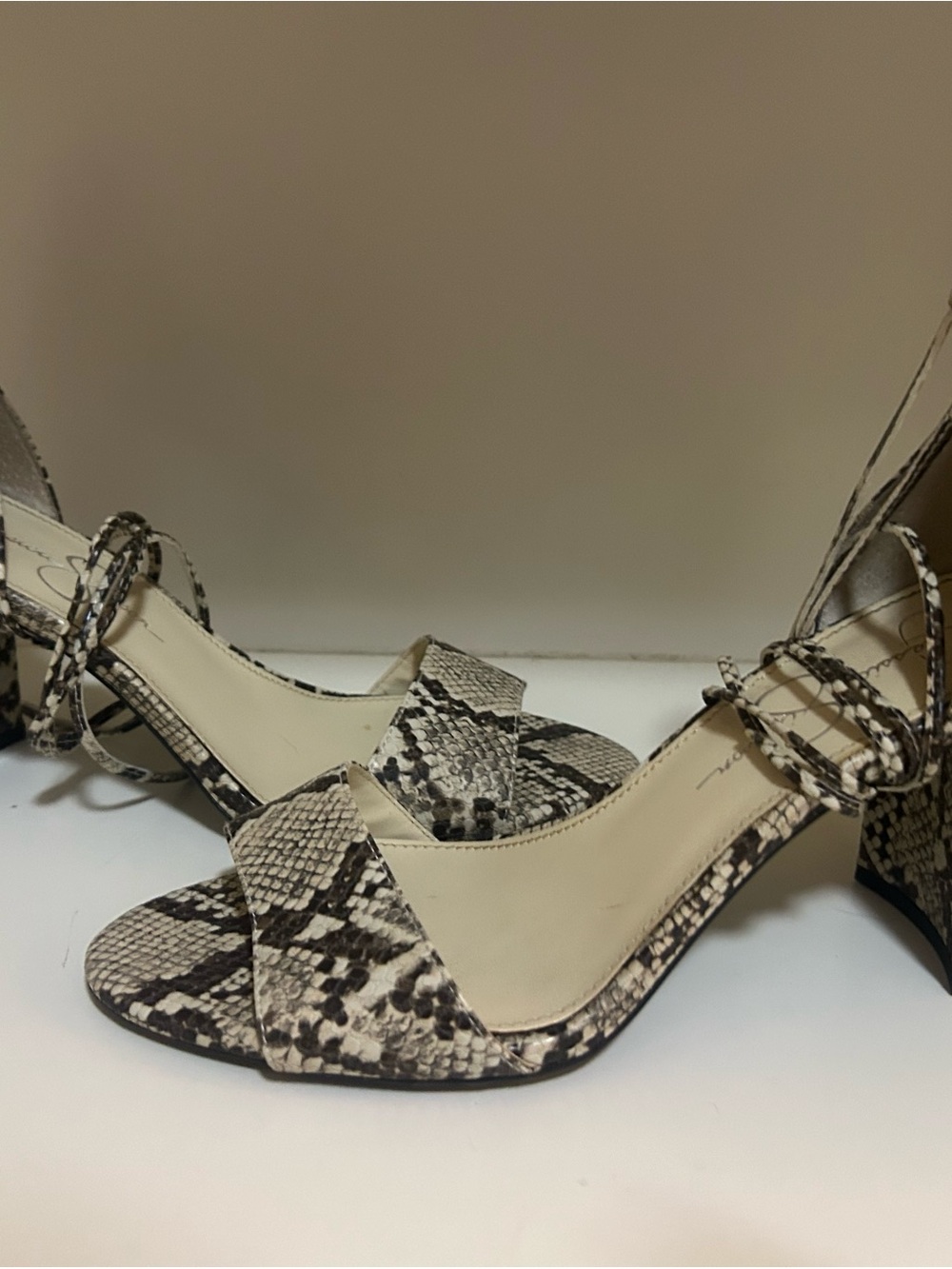 Jessica Simpson Snake-Print Ankle Tie Block Heels in Cream and Black